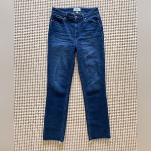 EUC Paige Cindy straight jeans, dark wash, raw hem